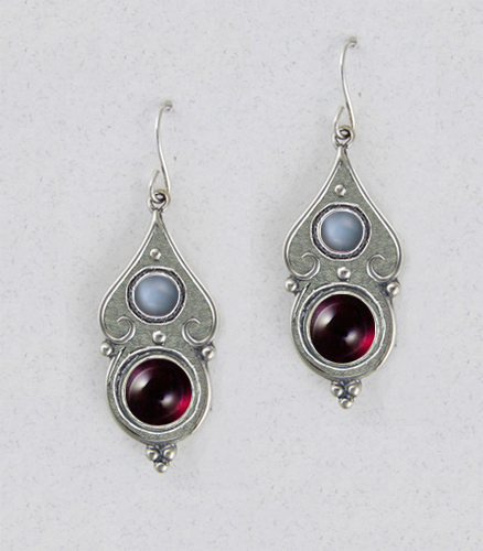 Sterling Silver Gothic Look With Garnet And Grey Moonstone Gemstone Drop Dangle Earrings